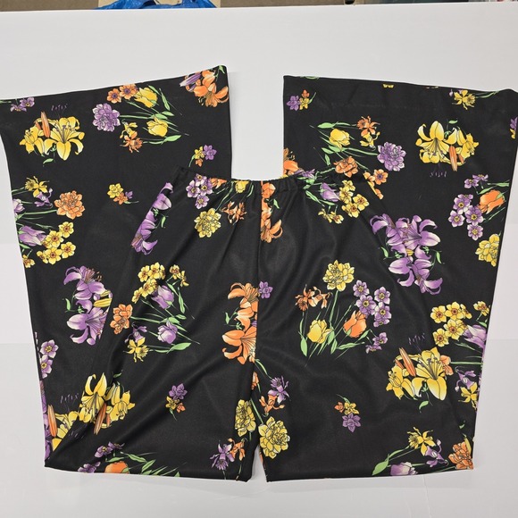 Vintage Ginger House Retro Floral Wide Leg Pants Women's Size 12 Black Polyester - Picture 3 of 8